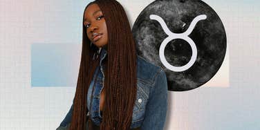 woman next to new moon with taurus symbol