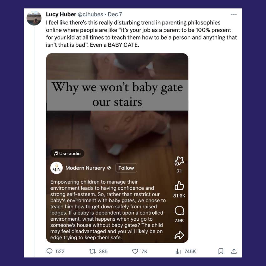 tweet from lucy huber about baby gear brand urging moms not to use baby gates