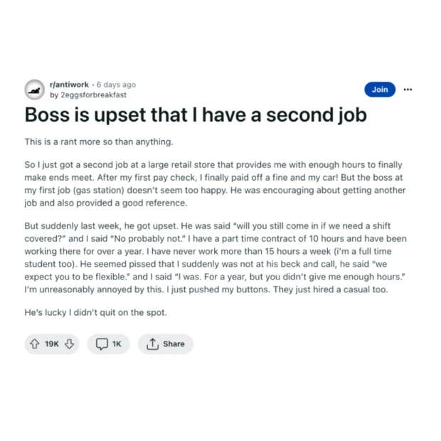 boss upset after worker gets second job to make ends meet