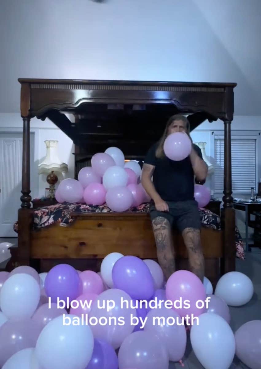 Drew Marvick blows up hundreds of balloons by mouth the night before his daughter&#039;s birthday