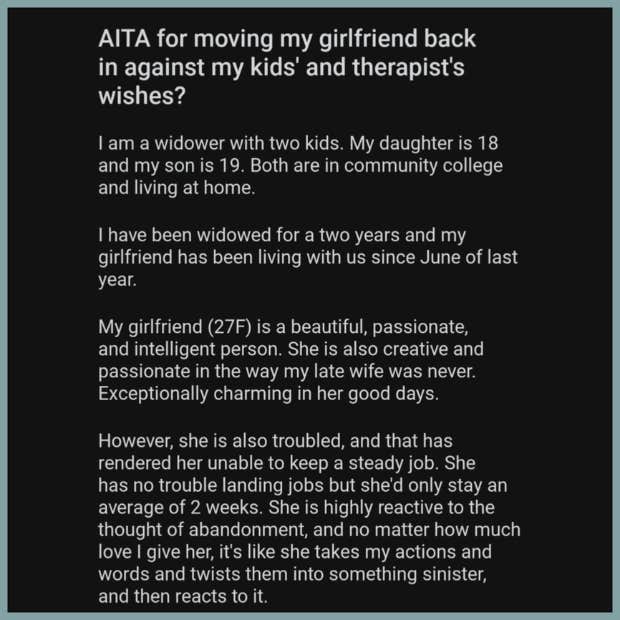 story about how dad is moving his girlfriend in against his kids&#039; wishes