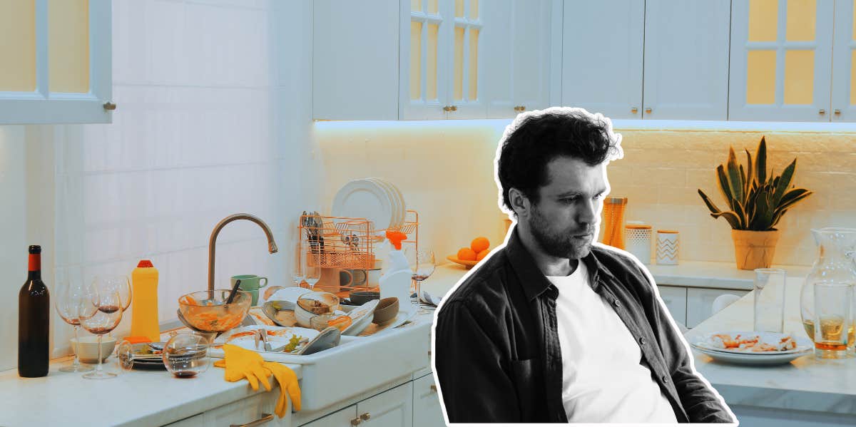 man sitting in his kitchen in the chaos he made