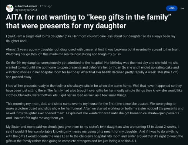 dad criticized for donating daughter&#039;s presents after her death reddit post