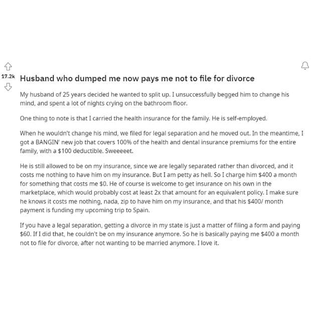 husband who dumped me know pays me not to file for divorce reddit