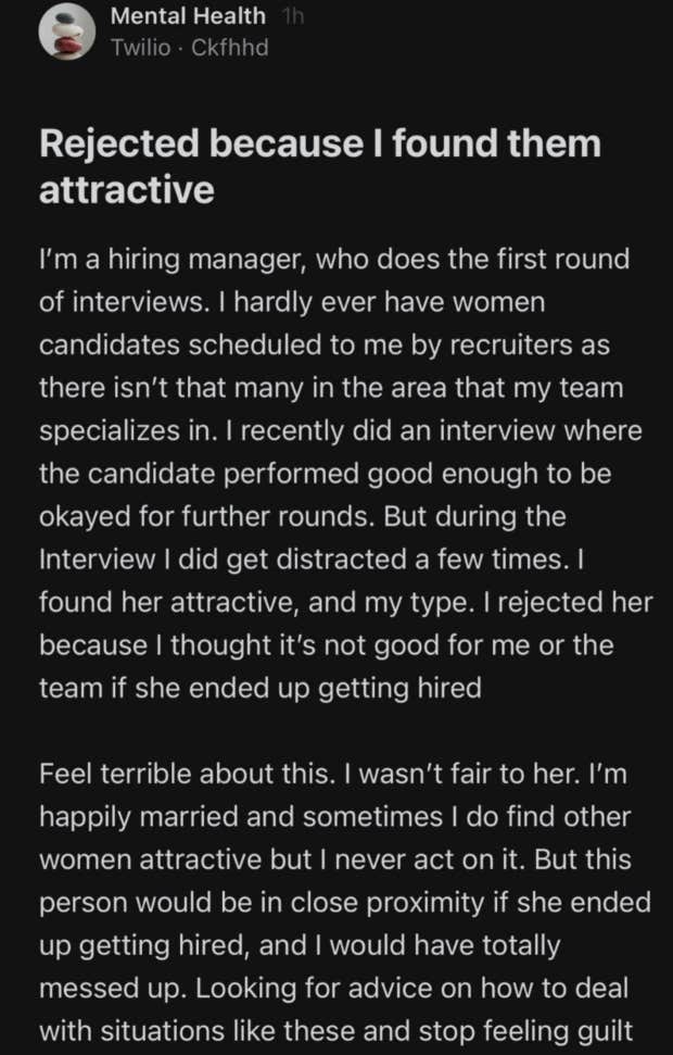 hiring manager refuses to hire job candidate because he feels she is too attractive