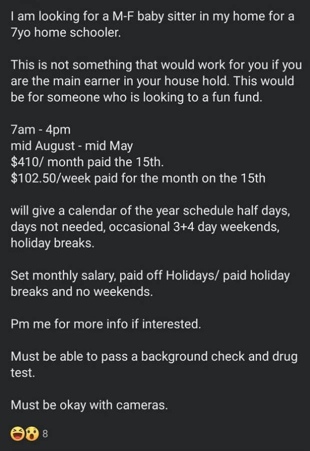 mom posts job ad for nanny $2 per hour