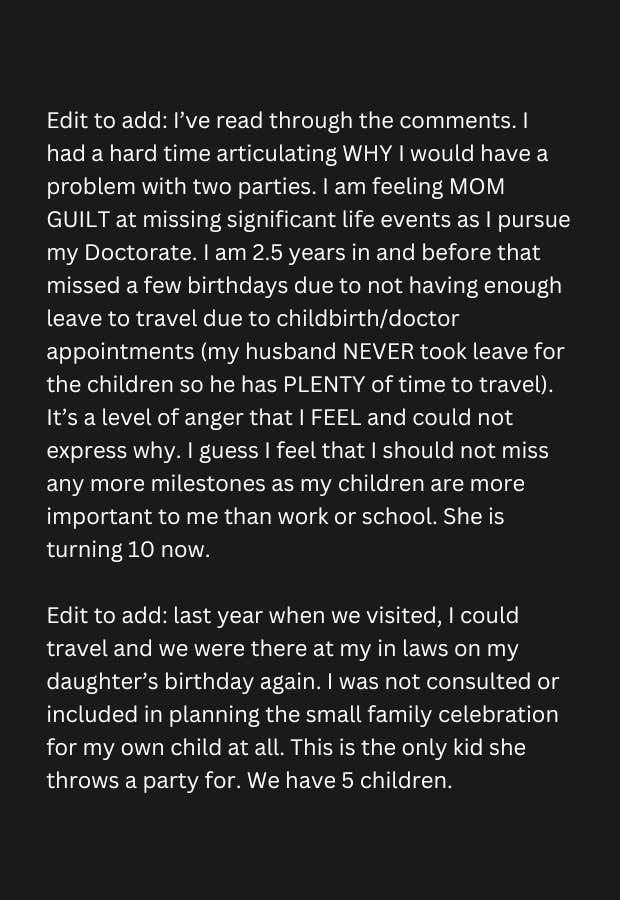 Reddit post of the user explaining why they were feeling a sense of &amp;quot;mom guilt&amp;quot; for not being able to attend her daughter&#039;s birthday party.