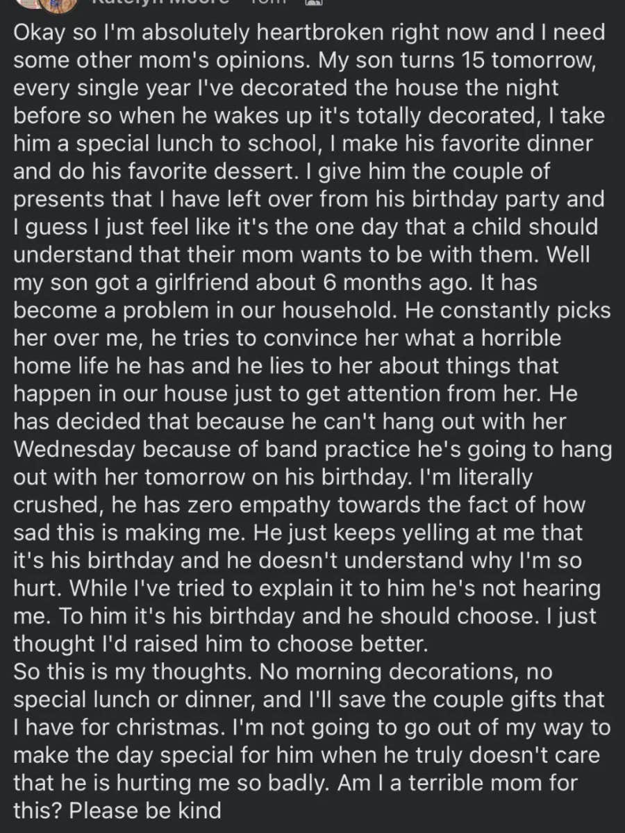 mom refuses to celebrate her son&#039;s birthday because he wants to spend the day with his girlfriend