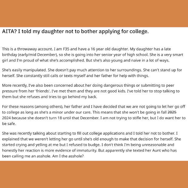mom refuses to send daughter to college for fear that she&#039;s too immature to attend