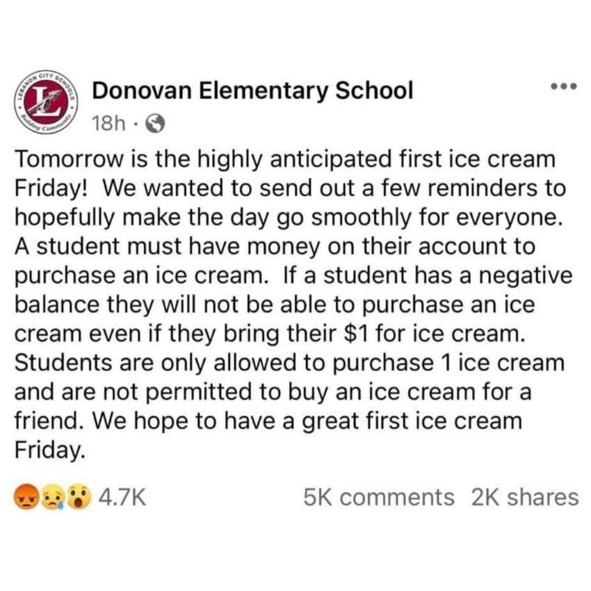 Students without lunch money can&#039;t have ice cream twitter post