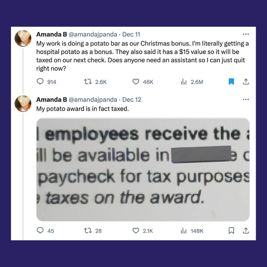 tweet from woman about being given a potato bar as a Christmas bonus and being taxed on it