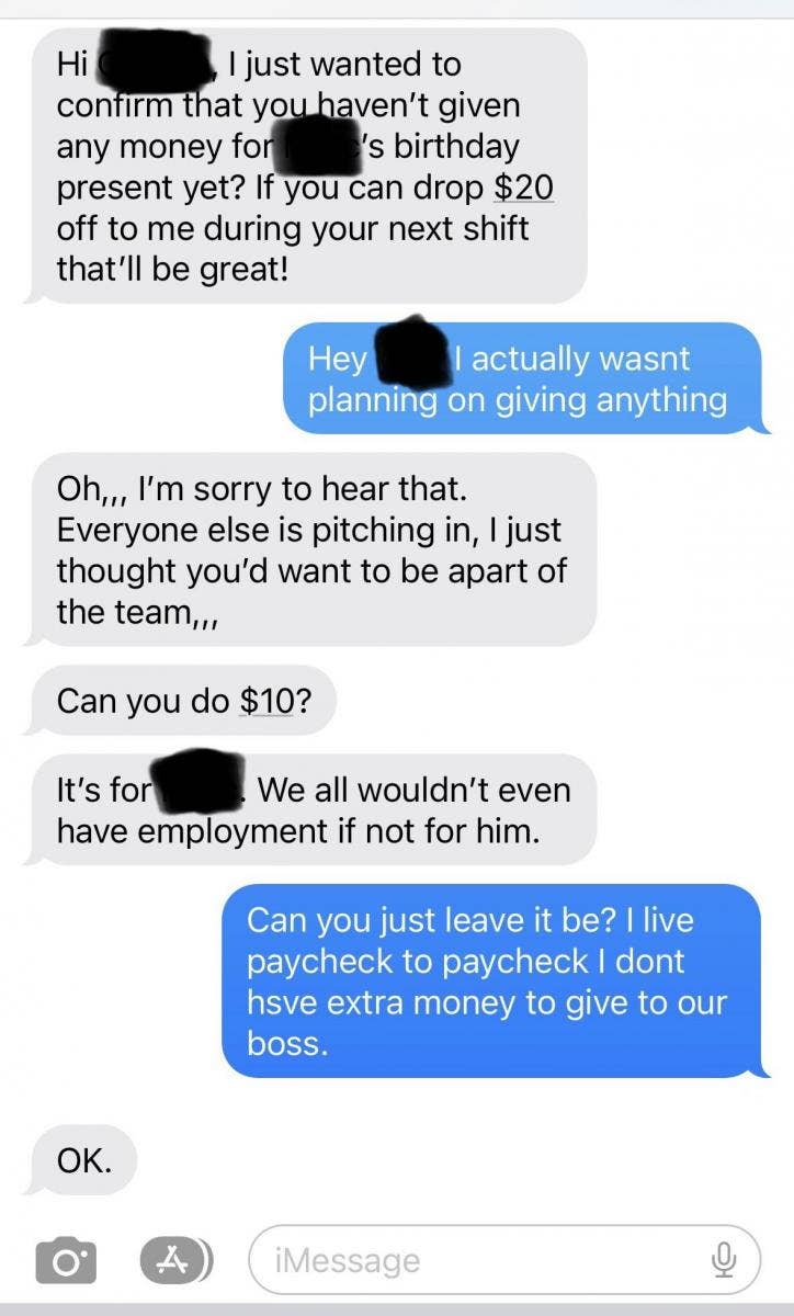 employee says they were bullied into giving money towards a gift for their boss