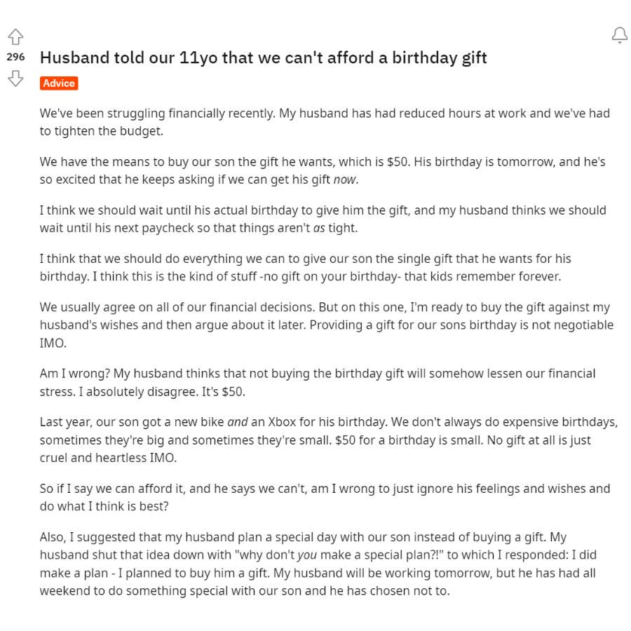 husband told our 11yo that we can&#039;t afford birthday gift reddit post