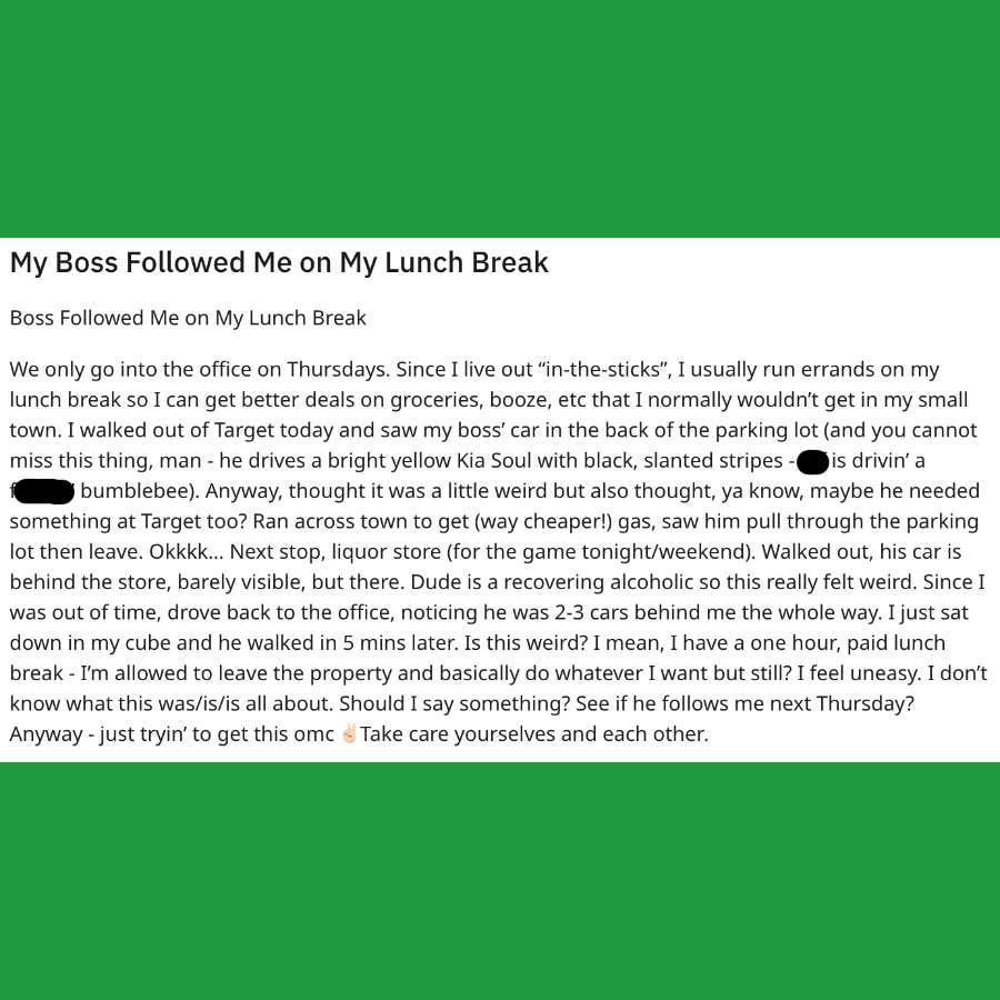 woman says her boss followed her on her lunch break