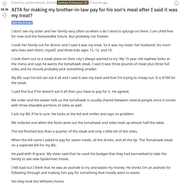 reddit aita for making my brother-in-law pay for son&#039;s meal