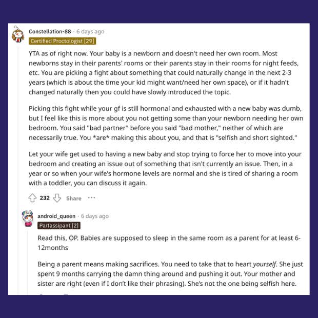 comments on reddit post about dad walking out on his partner because of their baby&#039;s sleeping arrangements