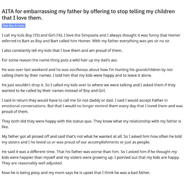 father asks kids of they want him to stop saying i love you reddit post