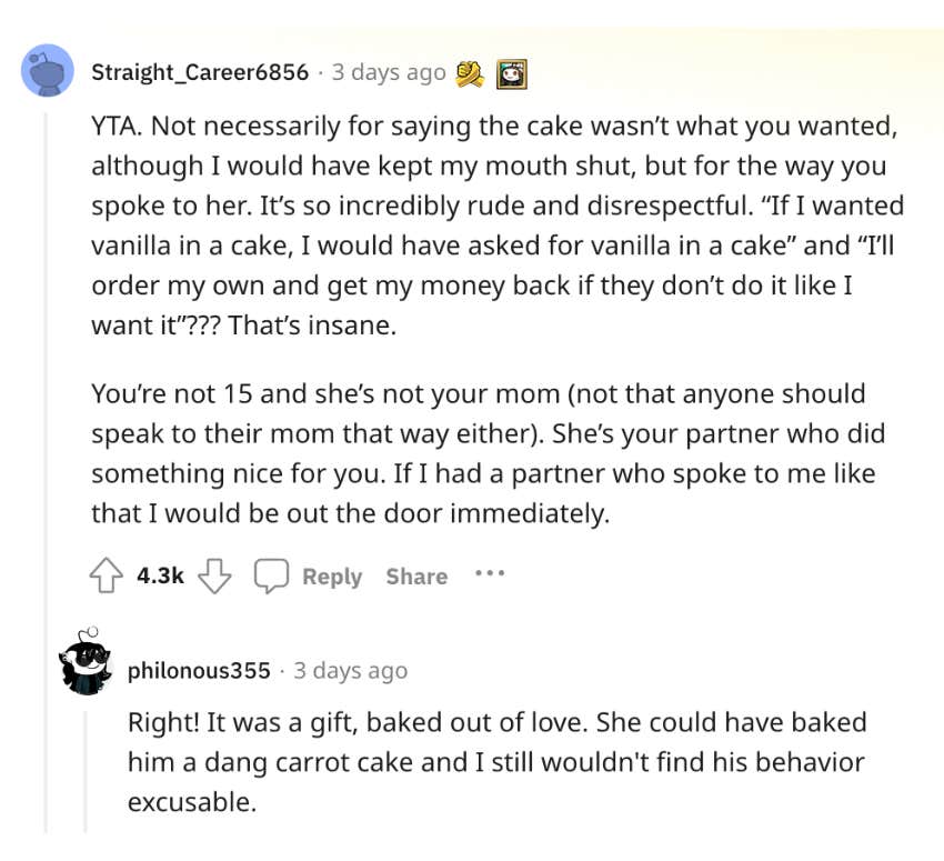 reddit story about man who criticized the homemade birthday cake his girlfriend made him