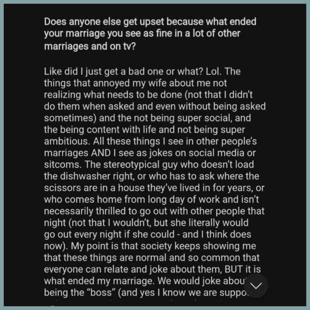 man upset about his wife&#039;s reasons for divorcing him