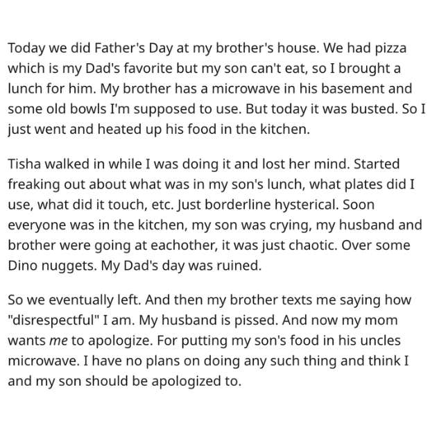 screenshot from reddit story about mom disrespecting dietary rules