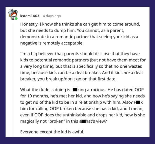comments on reddit post from mom whose boyfriend asked her to put her child up for adoption