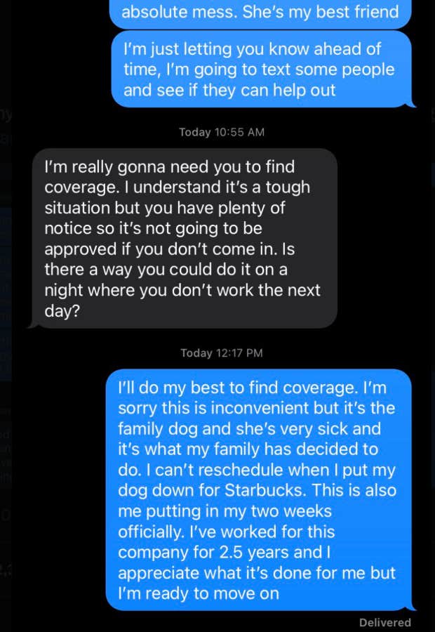 starbucks supervisor tells employee to reschedule putting her dog down so she doesn&#039;t miss her shift