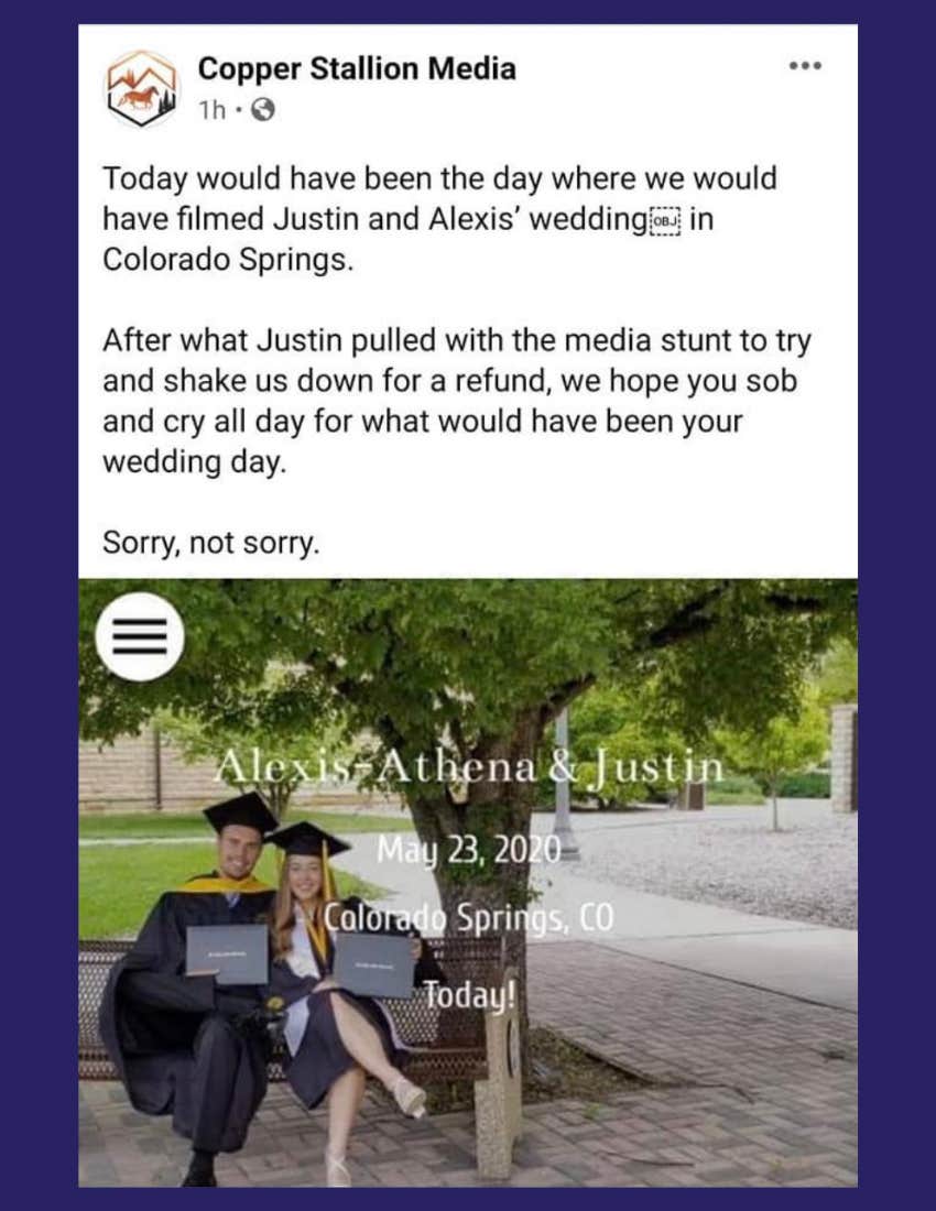 screenshot of message from wedding videographer who refused to give a refund mocking bride&#039;s death
