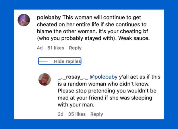 woman criticized for blaming the other woman