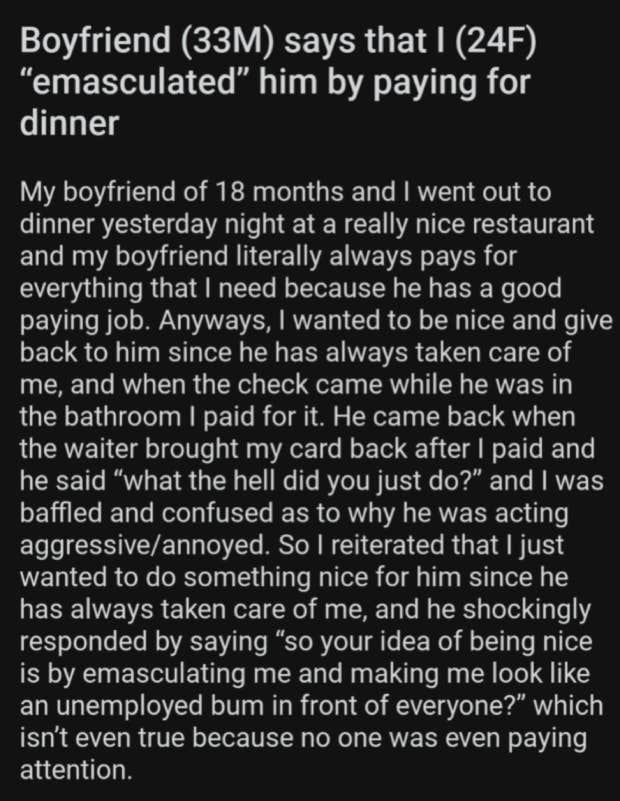 woman&#039;s boyfriend accuses her of emasculating him by paying for their dinner bill