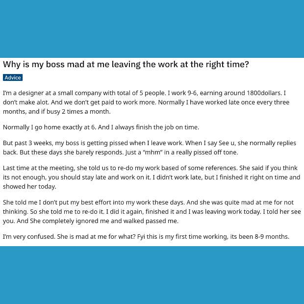 worker confused about her boss&#039;s reaction when she leaves work on time