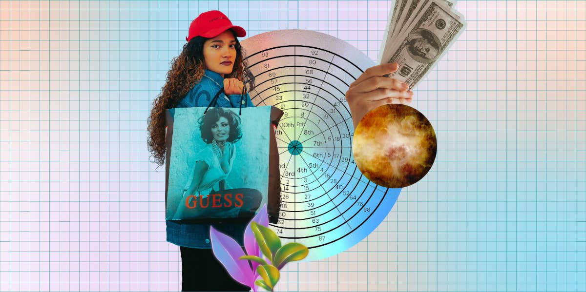 woman with shopping bag, venus and hand holding money