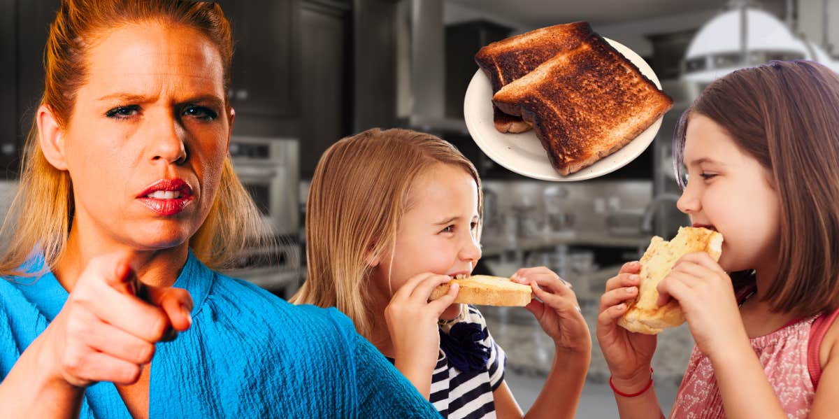 mom and two girls eating toast