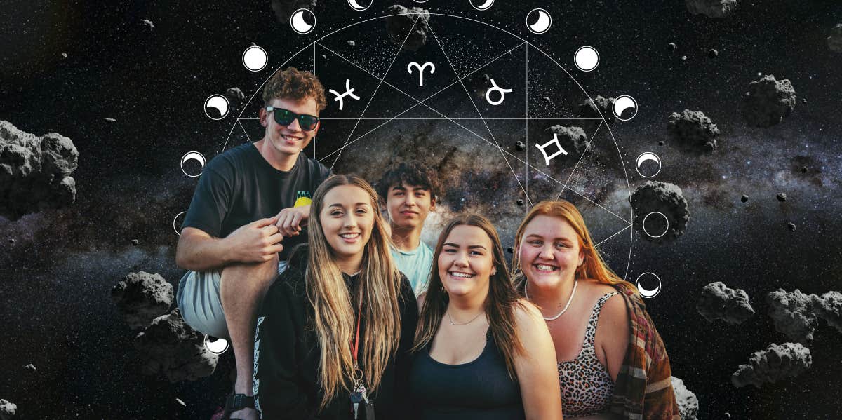friends and zodiac wheel in front of asteroids