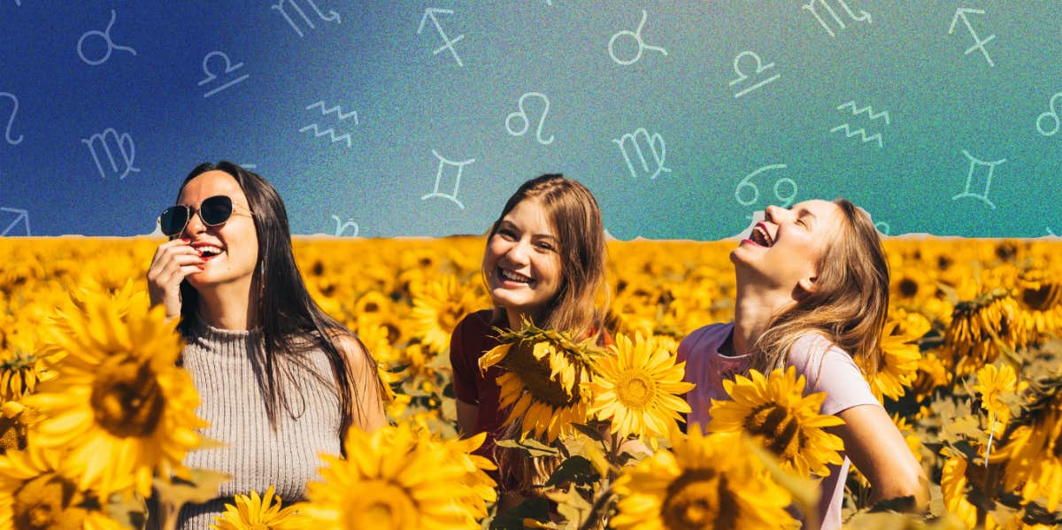 girls playing in sunflower field and zodiac signs