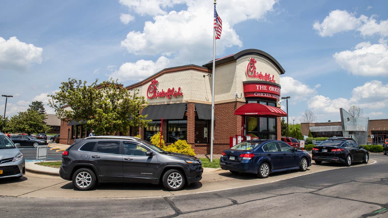Chick-Fil-A with long line of cars in the drive-thru