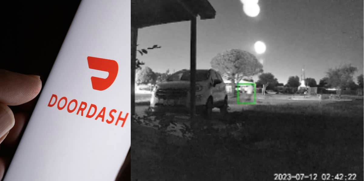 Phone screen of the DoorDash app on the right; security footage of a man running away from a driveway.