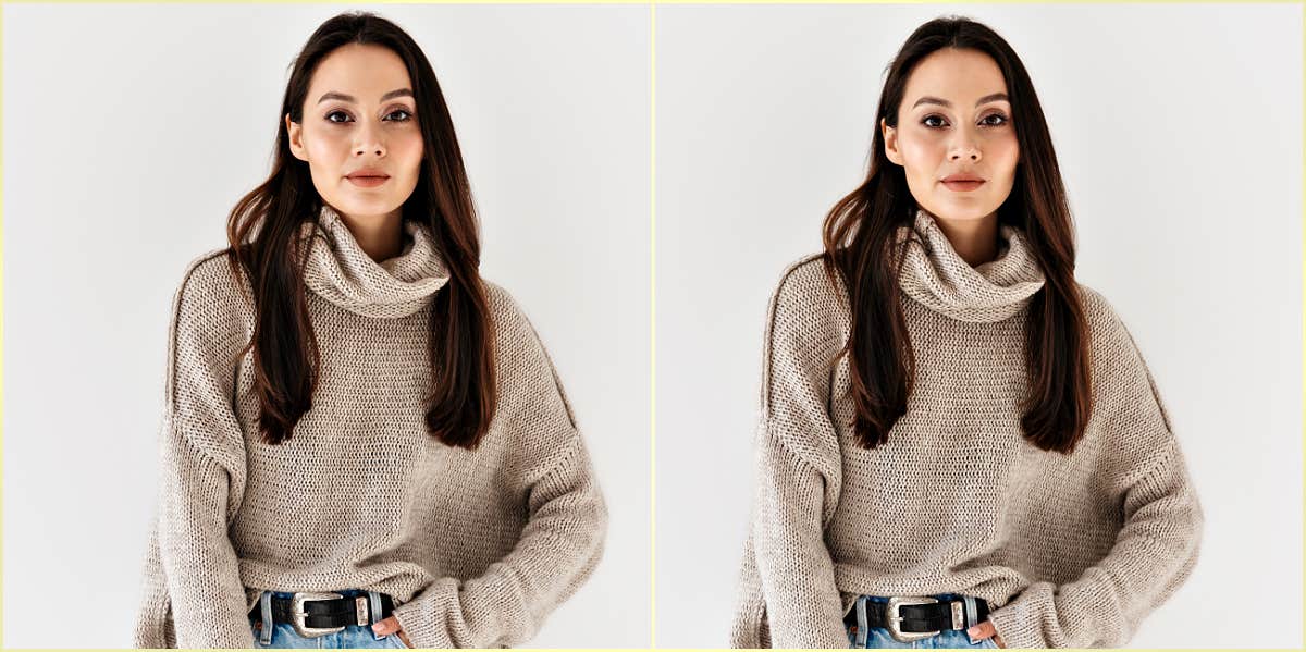 doubled image of a lovely young asian woman in a turtleneck sweater