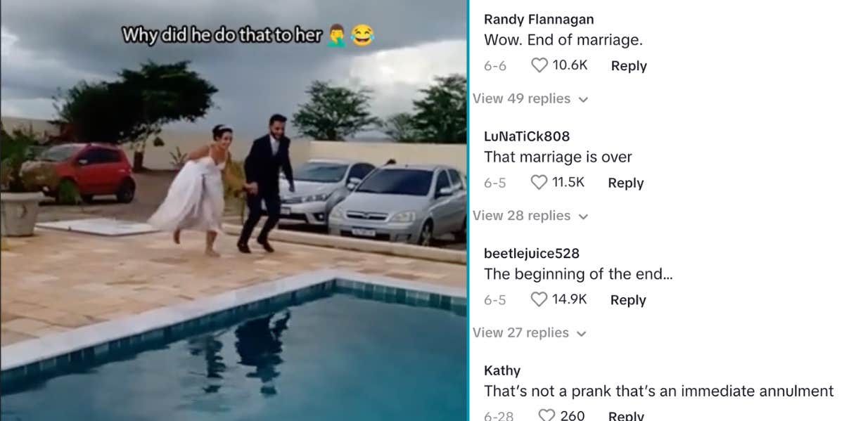 comments on couple jumping into pool on wedding day tiktok