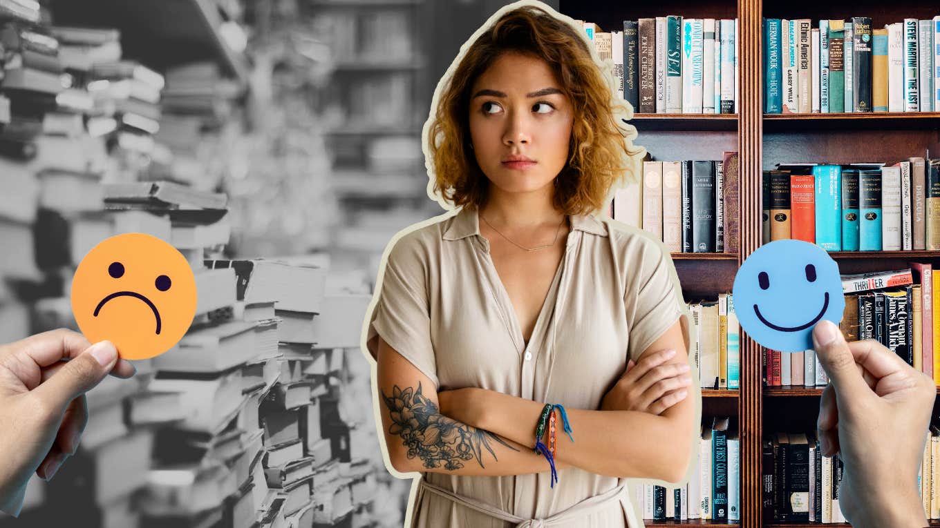 Woman with messy books vs books on a shelf