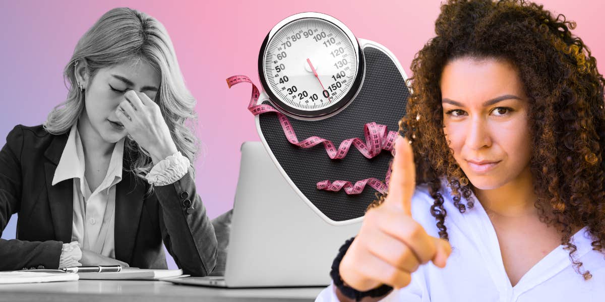 Exasperated woman and coworker scolding her for weight loss