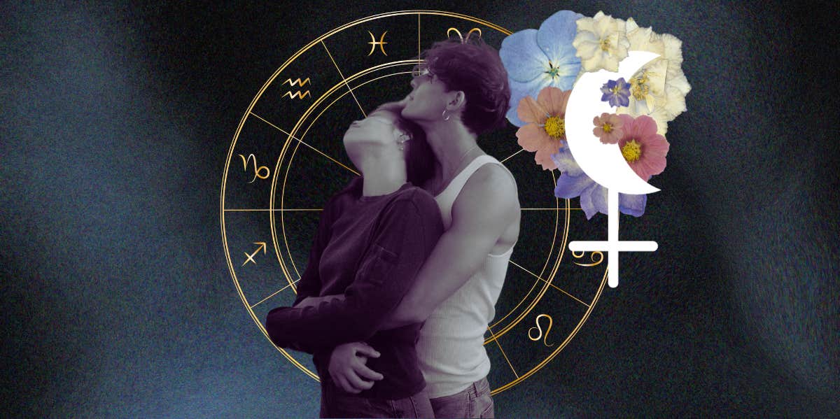 couple embracing, black moon lilith symbol and zodiac wheel