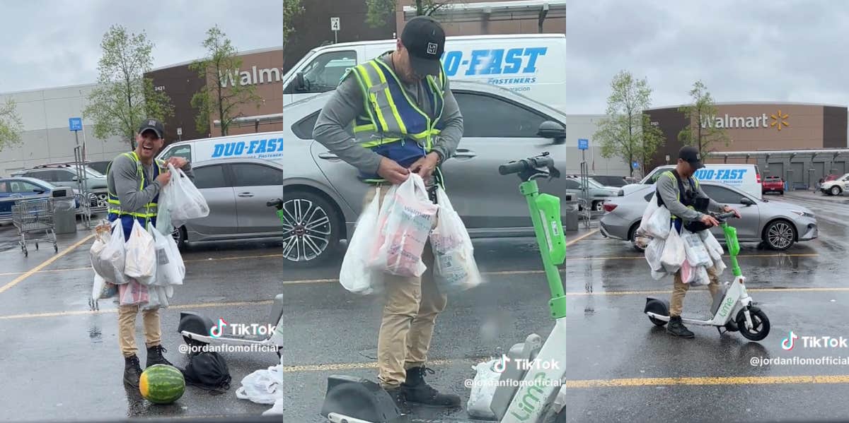 man clipping groceries to himself and getting on a scooter