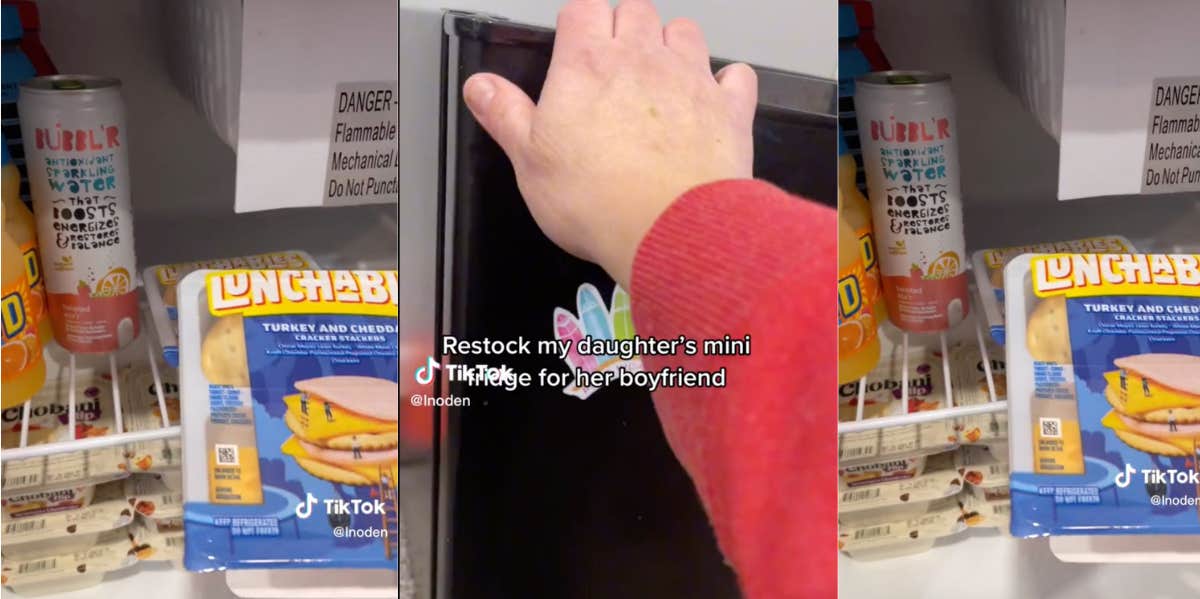 mom stocking daughter's mini fridge with lunchables