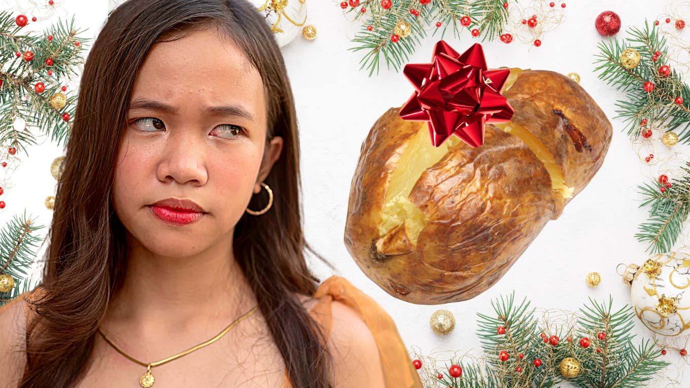 woman angry about being given a potato bar as a Christmas bonus