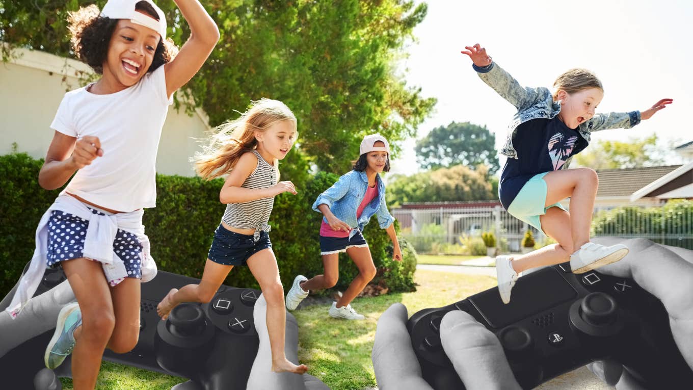 Kids jumping over controllers while playing outside
