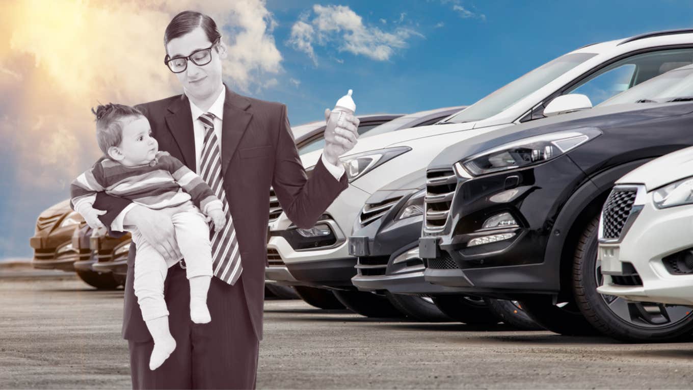 car dealership, baby, parents, salesman, new car 
