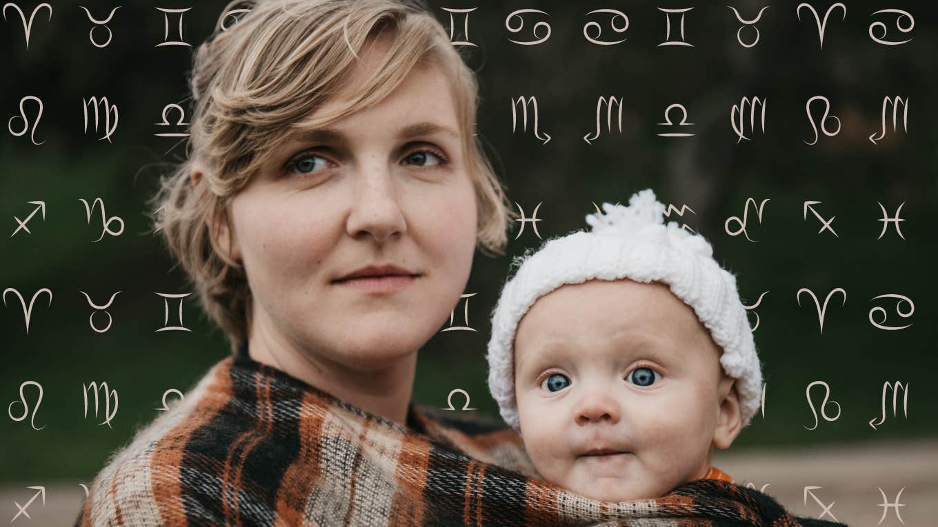 woman holding baby and zodiac signs