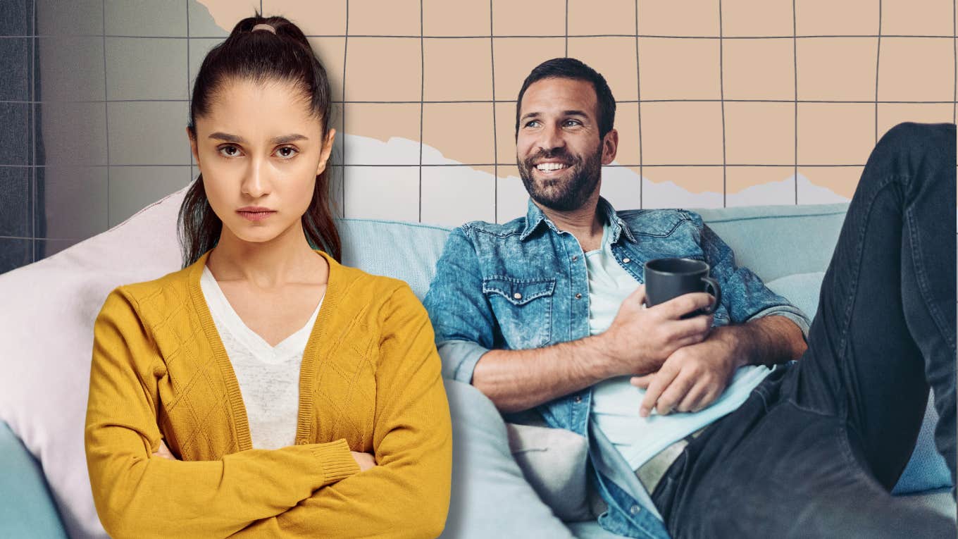 Woman upset with her husband who is sitting on the couch happy as can be 