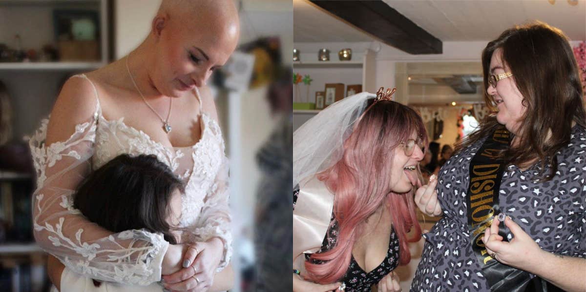 A single terminally ill mom in a wedding dress with her child and with her best friend