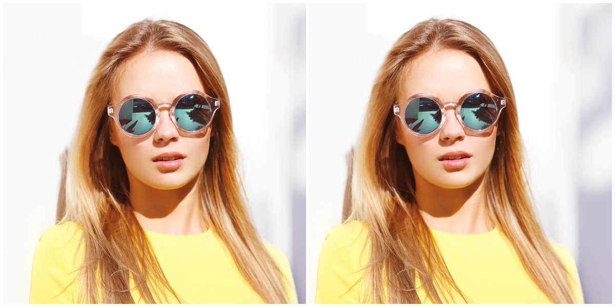 doubled image of a blonde woman wearing glasses and a yellow top